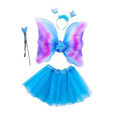 Imagem de Fiocias 4x Meninas Conjunto de Fantasia de Fada Tutu Saia Borboleta Asa de Fada Crianças Princesa Cosplay para Carnaval Palco Performance Festa Lembrancinhas, azul