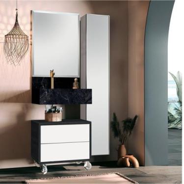 Imagem de Conjunto Banheiro Bancada Porcelanato Cuba Esculpida Espelho Gaveteiro