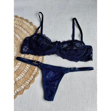 Imagem de Conjunto Calcinha Fio Dental De Renda Gatria Com Sutiã De Renda Sem Bo