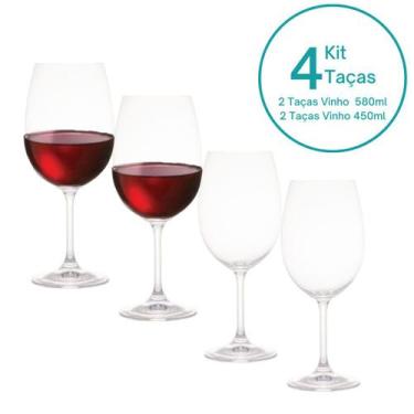 Imagem de Kit 4 Taças de Vinho 580ml e Taças de Água 450ml Cristal - CASALINDA