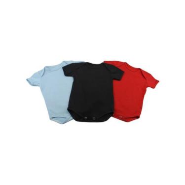 Imagem de kit 3 Body Manga Curta 100% Algodão Roupa de Bebê, Azul, Preto, Vermel