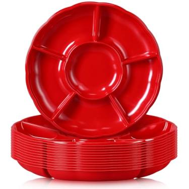 Imagem de Rtteri 12 bandejas de plástico divididas para servir 30,5 cm, prato redondo, 6 lanches secionais, travessas de comida para festa, doces, nozes, frutas e vegetais (vermelho)