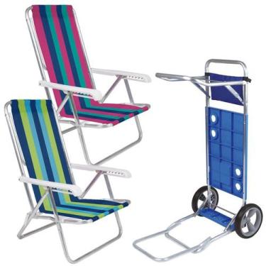 Imagem de Kit Praia 2 Cadeira Reclinável 8 pos Alumínio + Carrinho Com Avanço - 