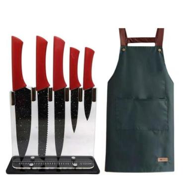Imagem de Conjunto de Facas inox 6 peças com Suporte em acrílico + Avental Imper