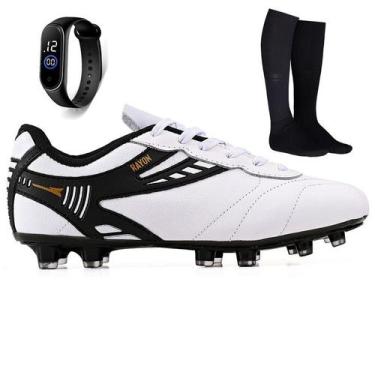 Imagem de Kit Chuteira de Couro Futebol Campo Grama Natural + Meião + Relogio Ad