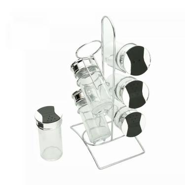 Imagem de Porta Temperos de Vidro com Tampa Plástica 6 pçs e Suporte Metal Tinno 14x10x29cm 26891 - Wolff