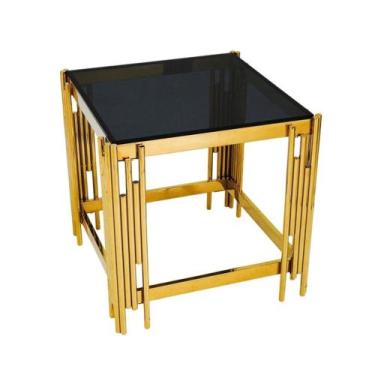 Imagem de Mesa Lateral Quadrada Metal Dourado Moderna Vidro Preto - LUXdécor