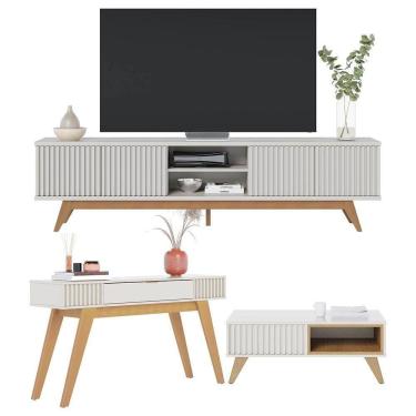 Imagem de Kit Sala de Estar Completo Rack Para TV Mesa de Centro Aparador Off White Freijó 3 Peças Colibri