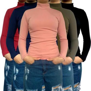 Imagem de Kit 5 Blusinhas Femininas Gola Alta Manga Longa Justas Lisas Cores Sor