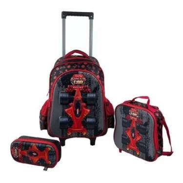 Imagem de Kit Mochila Rodinha Lancheira Estojo Infantil Resistente Menino Carro 
