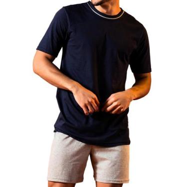 Imagem de Pijama Masculino Manga Curta Gola O Shorts Algodão Marinho/Mescla GG K