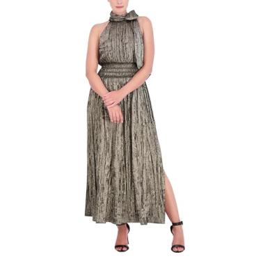 Imagem de BCBGMAXAZRIA Vestido longo feminino sem mangas com gola única, Ouro antigo, GG