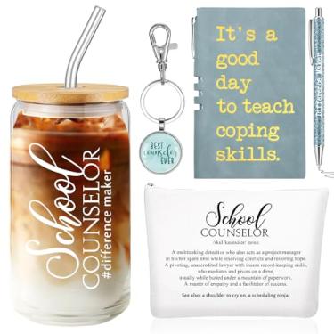Imagem de Sunnychic 5 peças presentes de agradecimento conselheiro escolar 473 ml copo de vidro bolsa de maquiagem couro caderno caneta chaveiro presente de ação de graças para professores de saúde mental