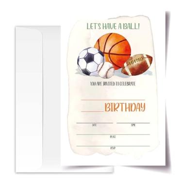 Imagem de Cartões de convite de aniversário esportivo com envelopes pacote de 20 (10 x 15 cm), convites de festa para meninos, meninas, crianças, adolescentes, artigos de festa "Let's Have A Ball", basquete,