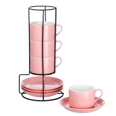 Imagem de Meichu Copos de cappuccino empilháveis de porcelana de 227 g com pires e suporte de metal, conjunto de 4 xícaras de café para café expresso, bebidas especiais, latte, americano e chá - rosa