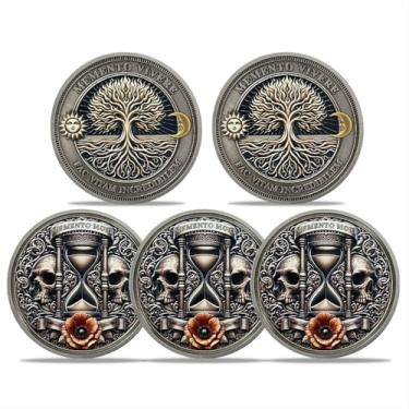 Imagem de RYUKENLM Pacote com 5 Moedas Memento Mori Crânio Desafio Moeda de Lembrete Estoico Diário Moedas EDC Presentes Ampulheta Crânio Colecionável Vida Morte Medalhão Simbólico com Árvore da Vida