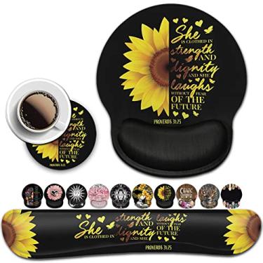 Imagem de Suporte para mouse pad para descanso de pulso com teclado, conjunto de suporte para mouse, verso da Bíblia Cristã com Girassol Almofada Preta Ergonômica de Espuma de Memória Mouse e Teclado Conjunto para Laptop Computador Escritório e Jogos