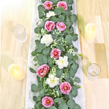 Imagem de TOCHGREEN Pacote com 2 Guirlandas de Flores Artificiais de Eucalipto de 13 Pés com Rosas Cor-De-Rosa e Flores Brancas, Guirlandas de Flores Rosas Falsas, Videiras Florais para Deco2 Peças,Branco Rosa
