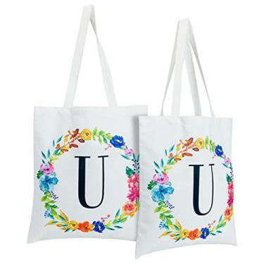Imagem de Conjunto de 2 sacolas femininas personalizadas com monograma reutilizáveis, design floral (73 cm), Multicor, Large