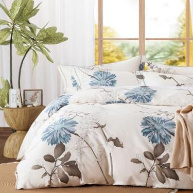 Imagem de OIKETI Conjunto de cama com edredom botânico, tamanho Queen, 100% algodão, ramos marrons e flores azuis, off-white, leve e macio, 3 peças (1 edredom e 2 fronhas)