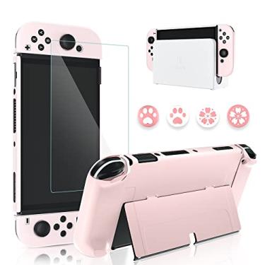 Imagem de GLDRAM Capa rosa para Nintendo Switch OLED modelo 2021 com protetor de tela e 4 peças de tampas de polegar, capa dura protetora para console OLED Switch e Joycon - ultrafina e capa flip