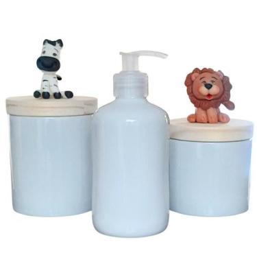 Imagem de Kit higiene bebê 3 peças Safari - Potes e porta álcool - Peças porcela
