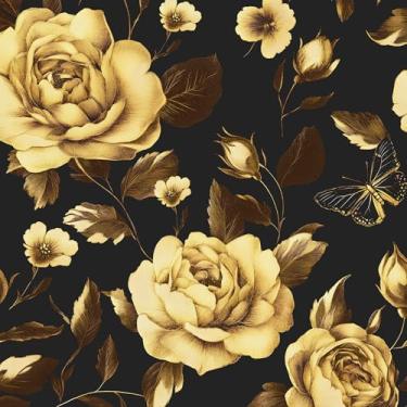 Imagem de VOLEAAR Papel de parede vintage preto e dourado rosa floral contato papel de parede floral escuro borboleta boho papel de parede adesivo autoadesivo para quarto 17,5 pol x 118 pol