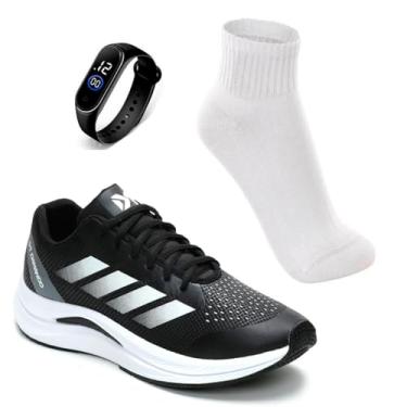 Imagem de Kit Combo Tênis Masculino Academia Esportivo Caminhada Corrida Leve Confortavel com Meia e Relógio (Preto, BR, Adulto, Numérico, 38)