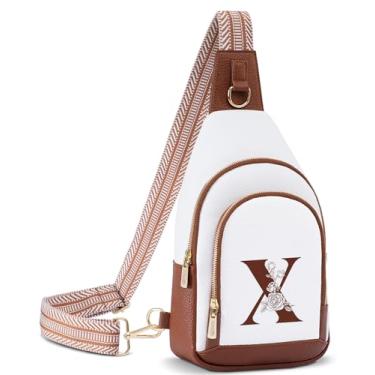 Imagem de Lizznoe Bolsa tiracolo feminina de couro com letra inicial pochete para viagem, presente para esposa e mãe, Branco/Marrom