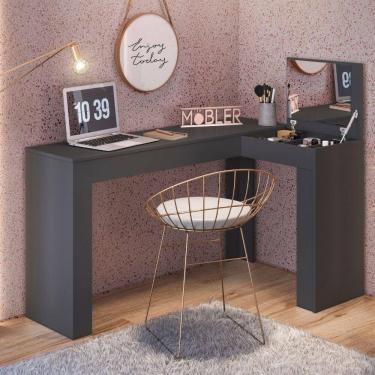 Imagem de Escrivaninha Penteadeira Camarim De Canto Com Espelho Jade Preto Fosco Liso - Mabe Magazine