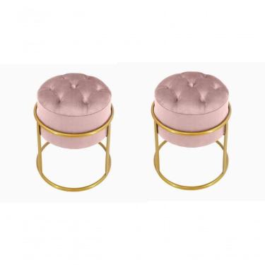 Imagem de Kit 2 Puff Banqueta Estofado Decorativo Base De Ferro Capitonê Suede Rosa Eli Móveis E Decoração