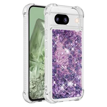 Imagem de Capa de telefone à prova de choque para Google Pixel 8a com glitter líquido de areia movediça e corações flutuantes, capa de TPU de camada dupla reforçada com 4 cantos, protetor de telefone seguro
