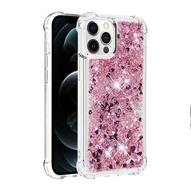 Imagem de Capa de telefone à prova de choque para iPhone 14 Pro com glitter líquido de areia movediça e corações flutuantes, capa de TPU de camada dupla reforçada com 4 cantos, protetor de telefone seguro