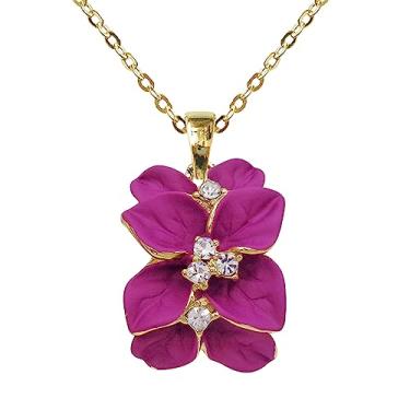 Imagem de Navachi Colar com pingente de flor de folhas esmaltadas de cristal transparente banhado a ouro 18 K 40,64 cm + 5,08 cm, Zinco, Cristal