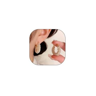 Imagem de Brinco feminino banhado a ouro 14 quilates com pérola e argola redonda, pingente redondo, presente delicado para formatura, casamento, aniversário, presente, Pérola Metal, Pérola