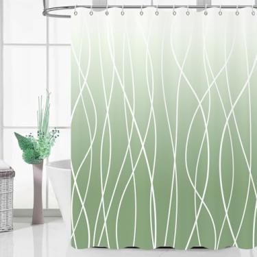 Imagem de Caheansi Cortina de chuveiro listrada verde sálvia ombré, abstrata, geométrica, verde, branca, listrada, simples, minimalista, tecido impermeável, lavável na máquina com ganchos, 183 cm L x 182 cm C