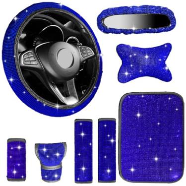 Imagem de MINGZAIQIPEI Conjunto de 8 peças de acessórios de carro brilhantes, capa de volante de 38 cm, decoração universal para mulheres, capa de espelho retrovisor brilhante, encosto de cabeça de carro