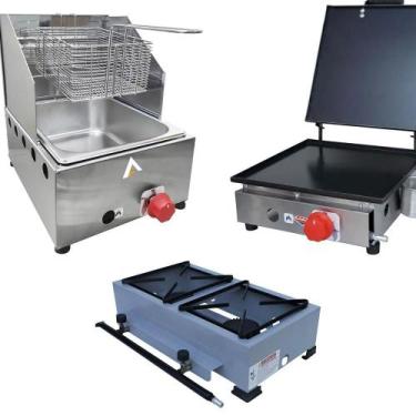 Imagem de Kit Lanchonete Fogão Portátil 2 Bocas + Chapa 30cm com Prensa e Fritad