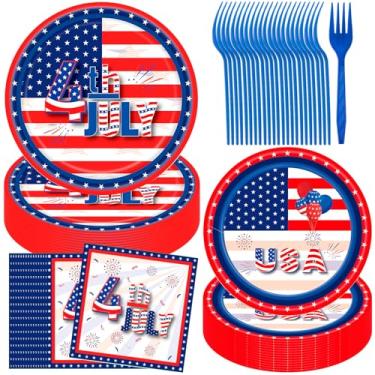 Imagem de Conjunto de utensílios de mesa descartáveis patrióticos 4 de julho com 96 peças – pratos, garfos e guardanapos com bandeira dos EUA para churrasco do Dia da Independência, festas na piscina e