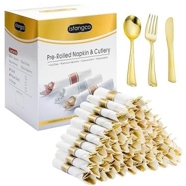 Imagem de ISFANGCO Conjunto de talheres de plástico dourado pré-enrolados com guardanapos, conjunto de talheres resistentes embrulhados descartáveis para festa de aniversário de casamento - 50 garfos, facas