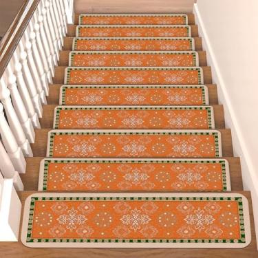 Imagem de Conjunto de degraus de escada para degraus de madeira boho colorido, antiderrapante, 15 peças, 76 x 20 cm, tapetes resistentes para escadas, tapetes de borracha para crianças, idosos e cães