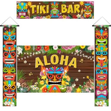 Imagem de Aloha Luau Decorações de Festa 4 peças Tiki Totem Porta Banner Placa Cobertura Tiki Fotografia de Fundo Decoração de Parede para Aloha Hawaii Luau Tropical Moana Aniversário Carnaval Festa ao Ar Livre