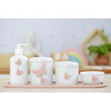 Imagem de Kit Higiene Bebê Porcelana Borboleta Rosê Menina Quarto Banho Cuidados