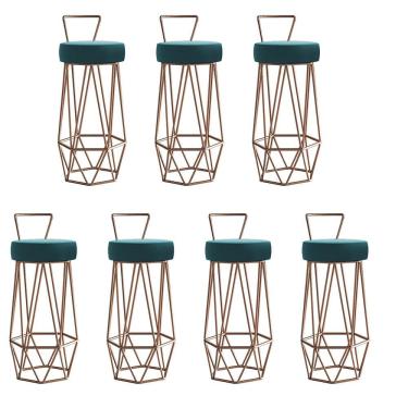 Imagem de Kit 07 Banqueta Com Encosto Botty Hexágono Cozinha Bar Ferro Bronze Suede Azul Turquesa - Amey Decor