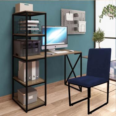 Imagem de Kit Mesa 5 Prateleiras E Cadeira Preto Tampo Castanho Sintético Azul Marinho