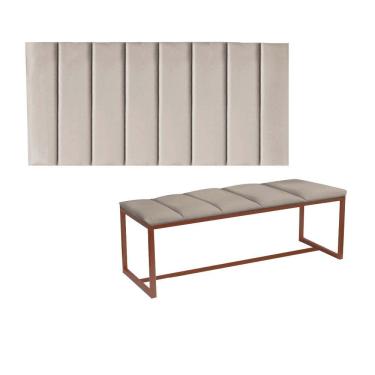 Imagem de Kit Painel Carla E Calçadeira Industrial 160cm Queen Size Box Ferro Bronze Corino Bege
