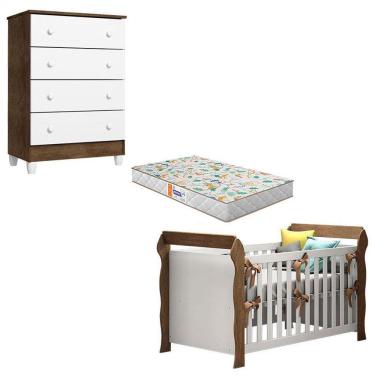 Imagem de Kit Berço Americano Lara com Cômoda Gaveteiro Ariel em MDF MDP com Colchão Incluso Branco