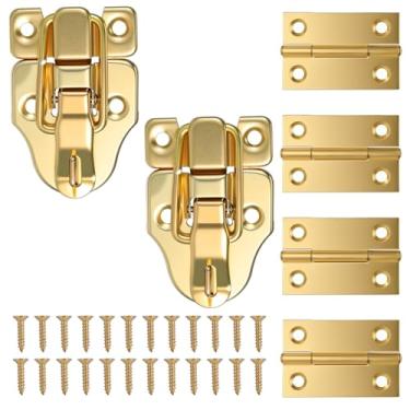 Imagem de Pacote com 2 fechos de ferrolho retrô dourado com bico de pato, trava de metal antigo com furo de cadeado e 4 peças de dobradiças com kit de parafusos correspondentes para caixa de joias de madeira