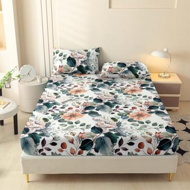 Imagem de LweiPsqLin Lençol de cama solteiro GG de microfibra escovada floral com bordas elásticas de 38 cm de profundidade - Resistente ao encolhimento e desbotamento, roupa de cama com estampa botânica