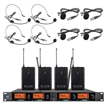 Imagem de Sistema de microfone sem fio 4 canais, 4 lavalier, 4 microfones de lapela, 4 fones de ouvido, frequência B UHF para sistema de karaokê, igreja, palestra, reunião, reunião, sala de aula, festa de casamento, escola